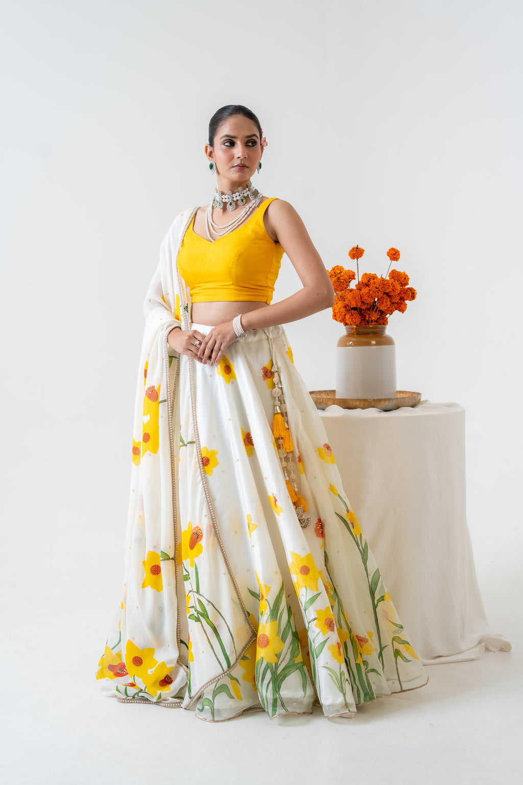 Hand-painted and Handembroiderd Ivory Silk Organza Daffodil Lehenga