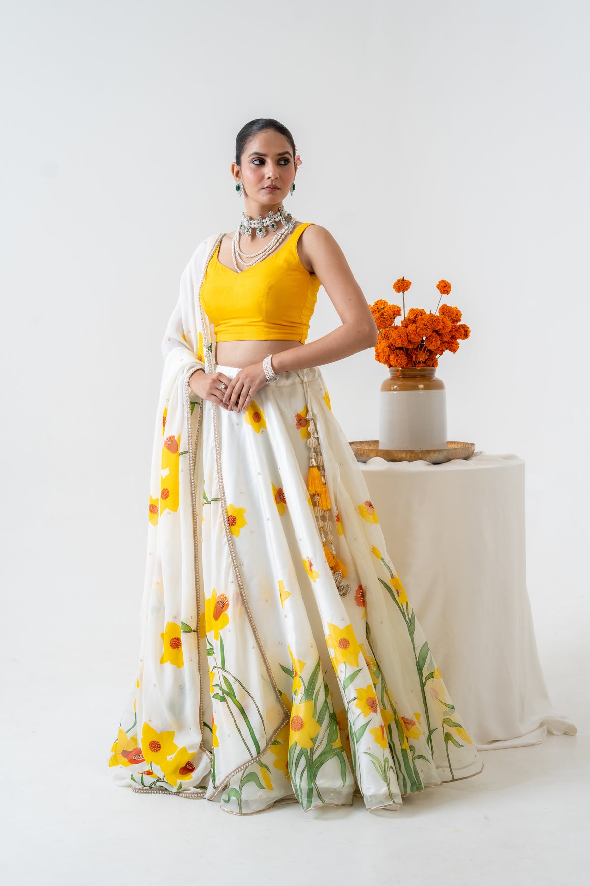 Hand-painted and Handembroiderd Ivory Silk Organza Daffodil Lehenga