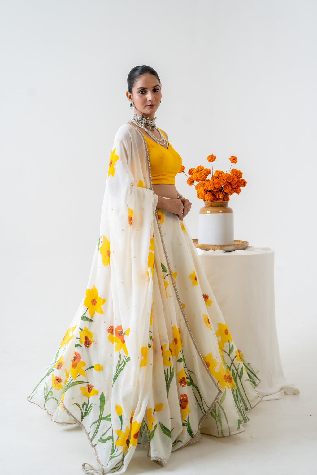 Hand-painted and Handembroiderd Ivory Silk Organza Daffodil Lehenga