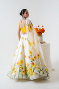 Hand-painted and Handembroiderd Ivory Silk Organza Daffodil Lehenga