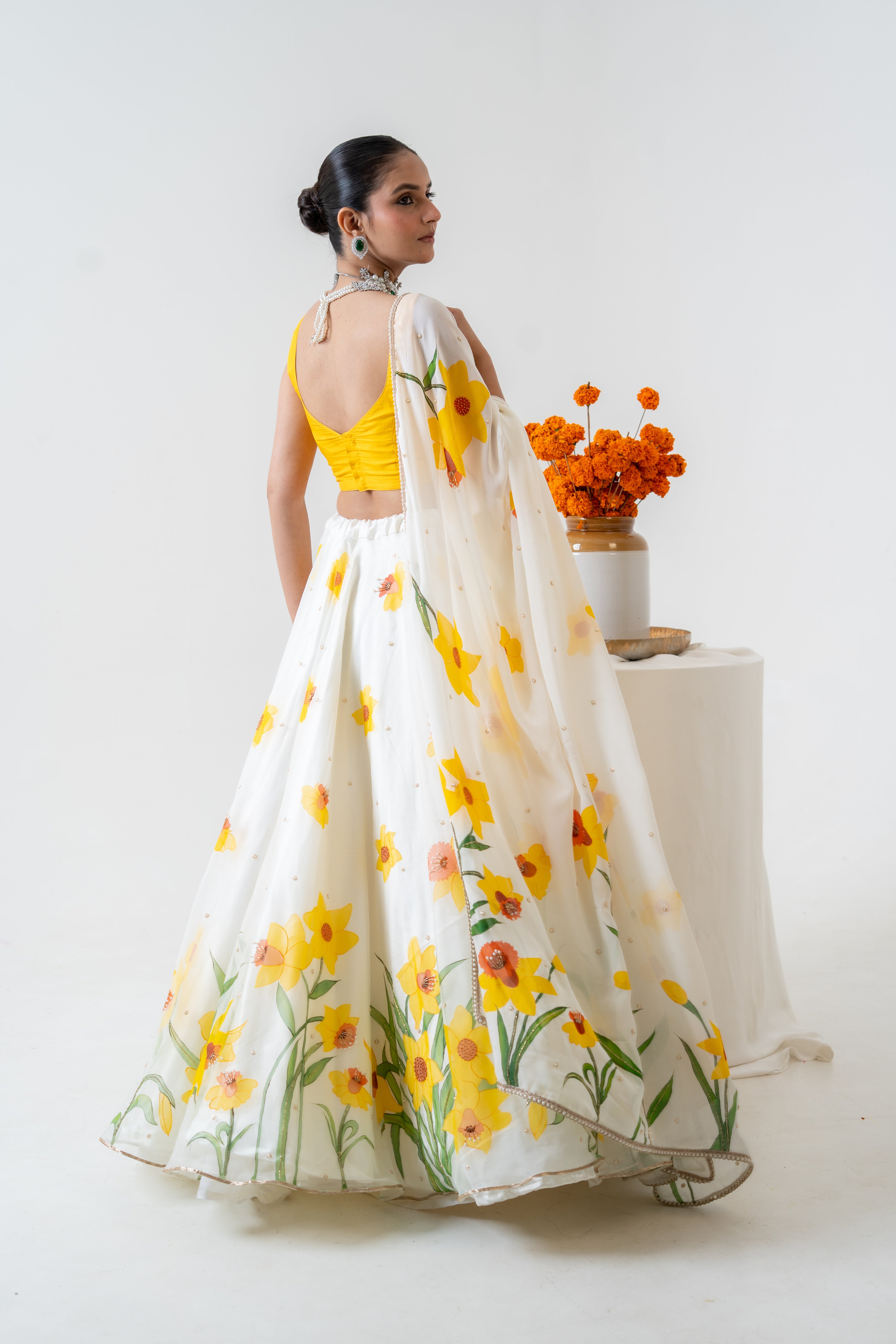Hand-painted and Handembroiderd Ivory Silk Organza Daffodil Lehenga