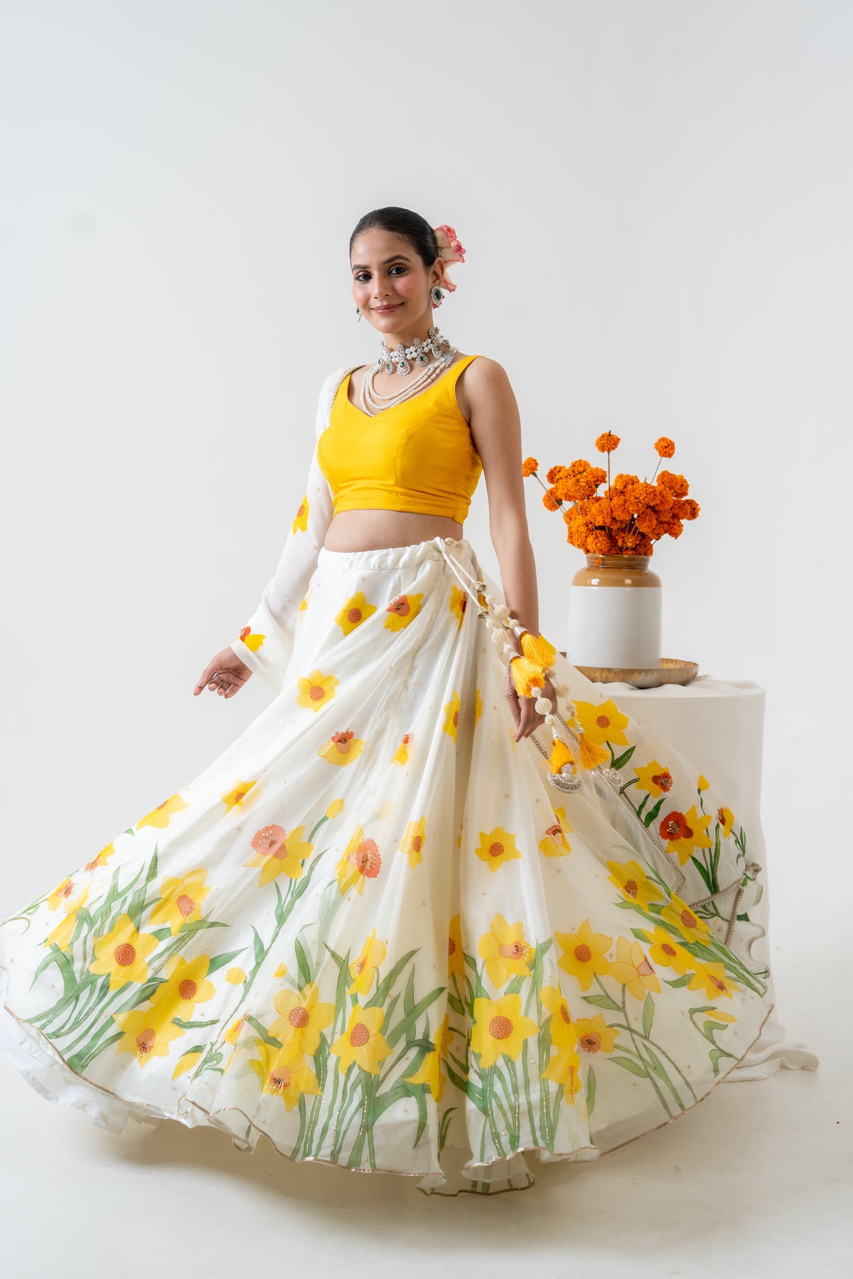 Hand-painted and Handembroiderd Ivory Silk Organza Daffodil Lehenga