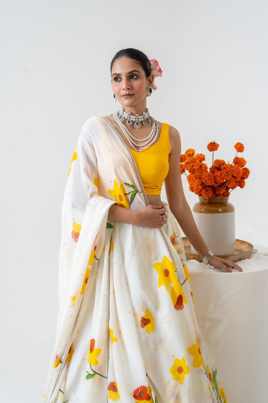Hand-painted and Handembroiderd Ivory Silk Organza Daffodil Lehenga
