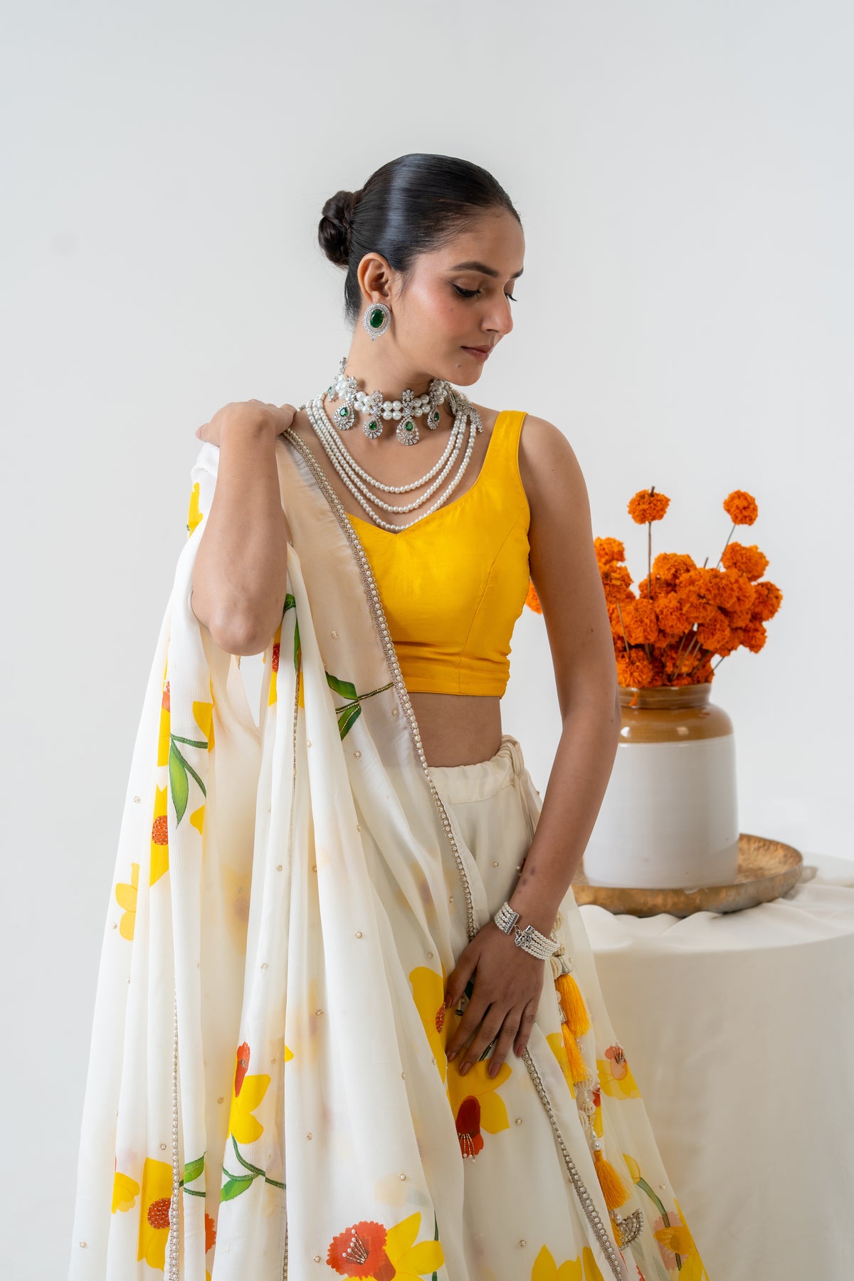 Hand-painted and Handembroiderd Ivory Silk Organza Daffodil Lehenga