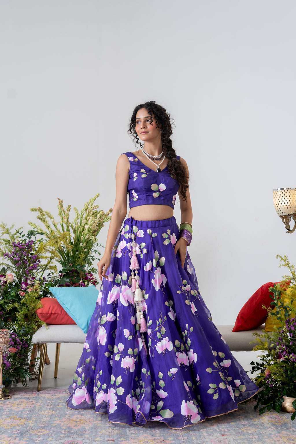 Hand-Painted and Hand embroidered Purple Silk Organza Spring Rose Lehenga