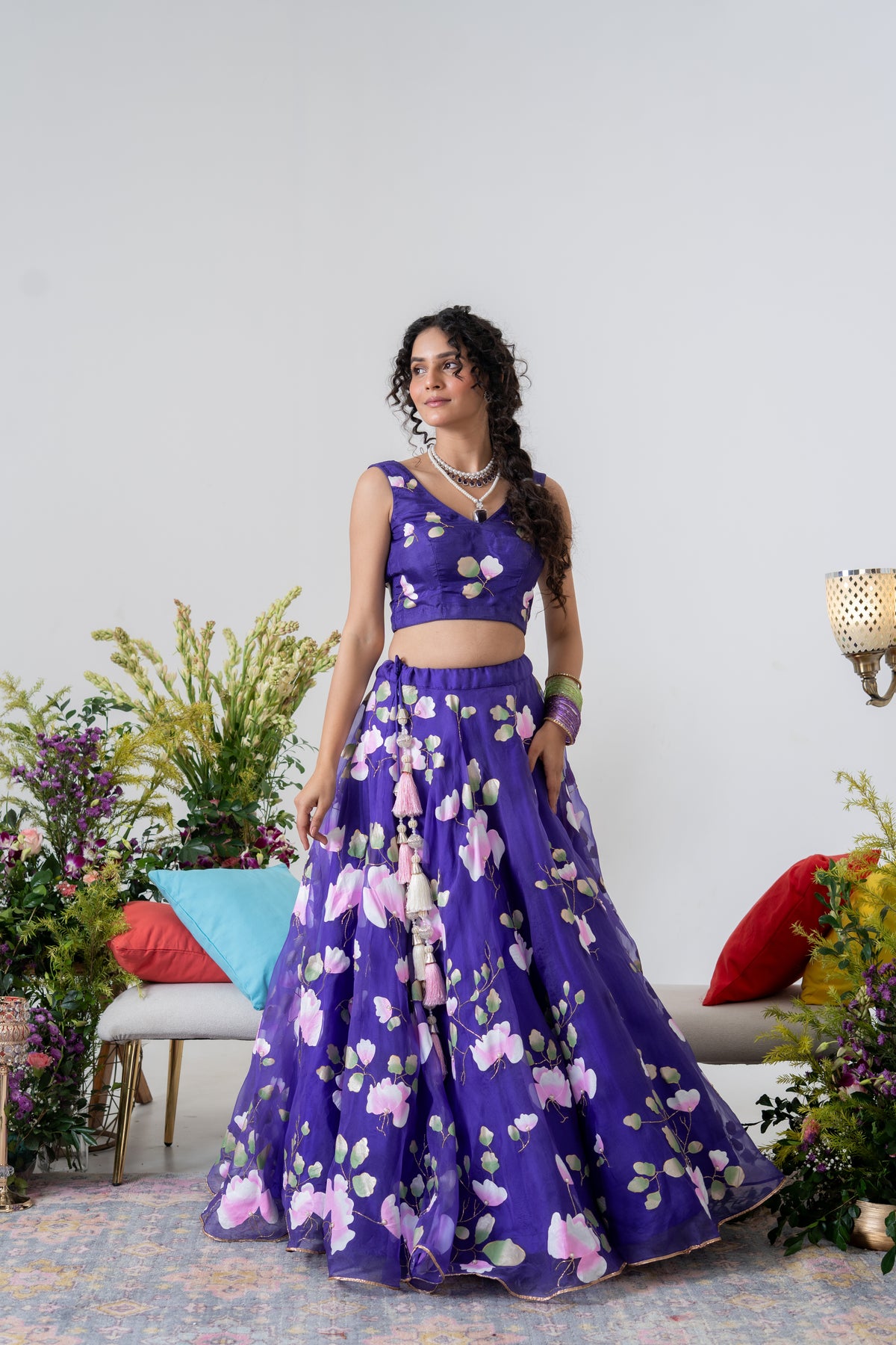 Hand-Painted and Hand embroidered Purple Silk Organza Spring Rose Lehenga
