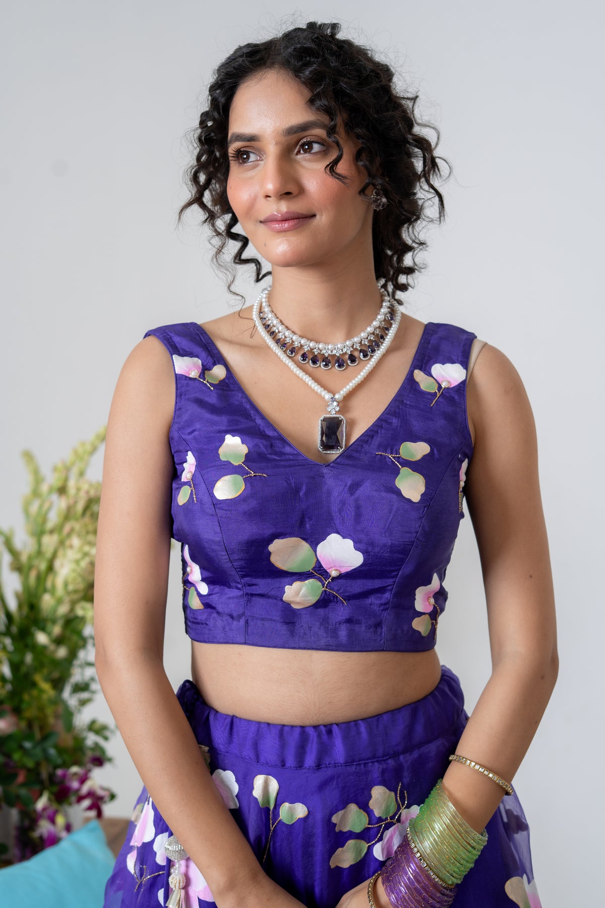 Hand-Painted and Hand embroidered Purple Silk Organza Spring Rose Lehenga
