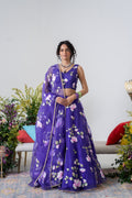 Hand-Painted and Hand embroidered Purple Silk Organza Spring Rose Lehenga