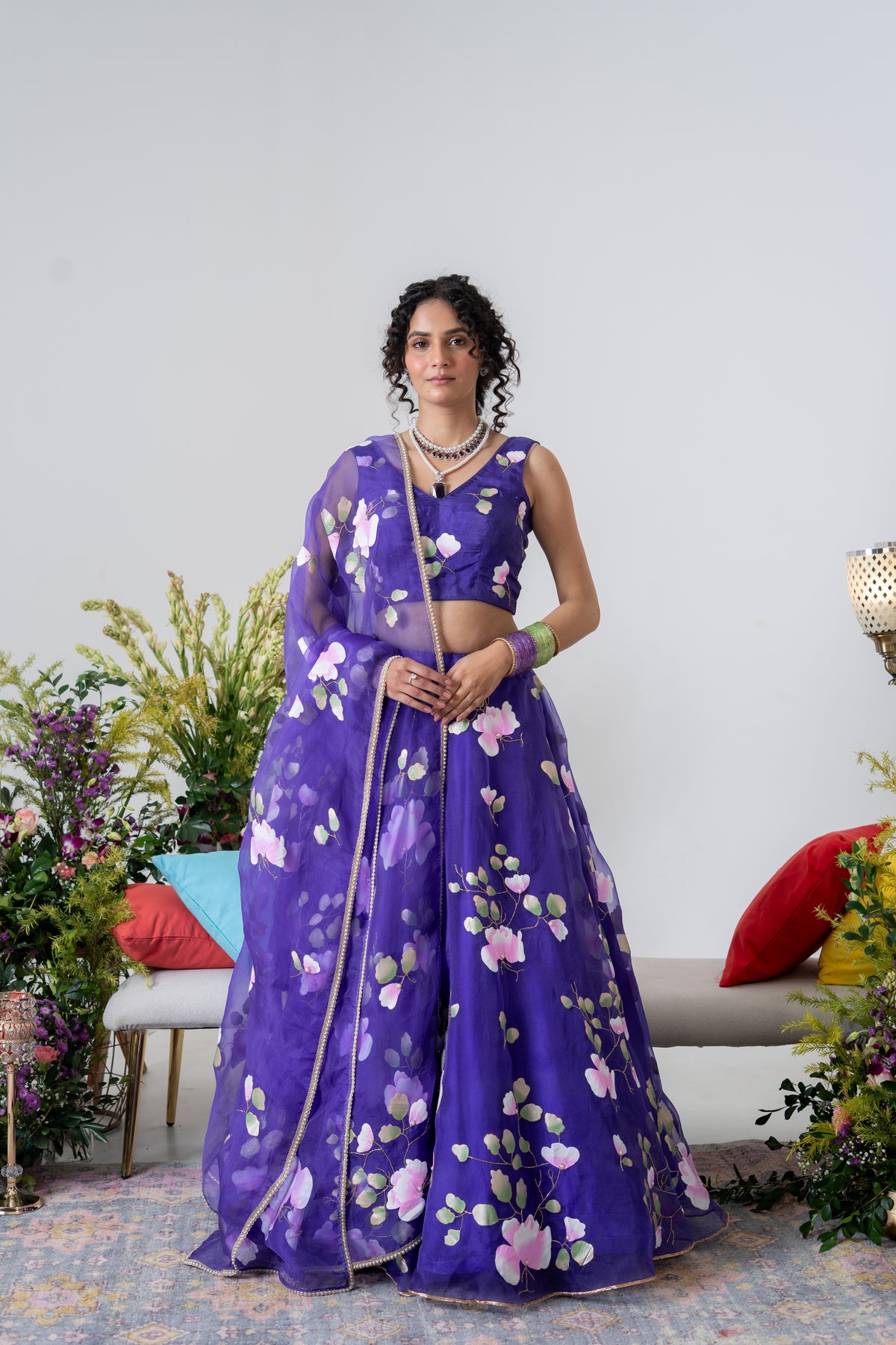 Hand-Painted and Hand embroidered Purple Silk Organza Spring Rose Lehenga