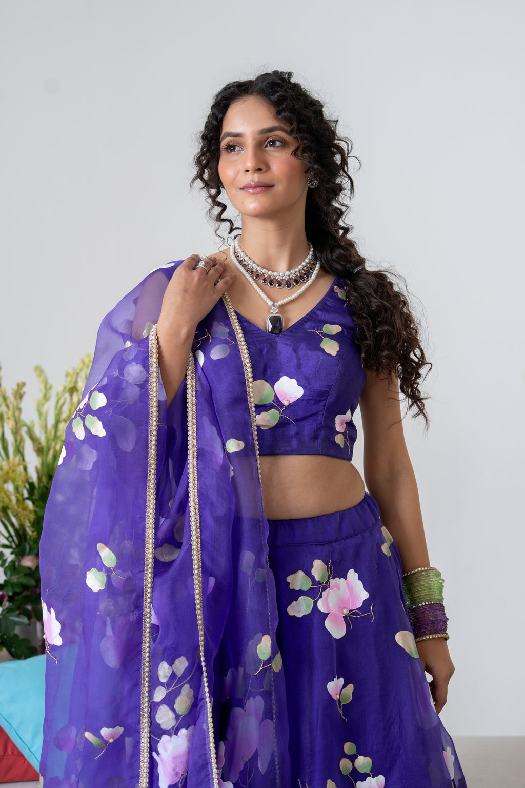 Hand-Painted and Hand embroidered Purple Silk Organza Spring Rose Lehenga