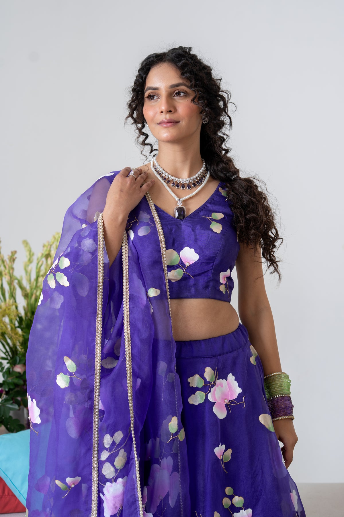 Hand-Painted and Hand embroidered Purple Silk Organza Spring Rose Lehenga