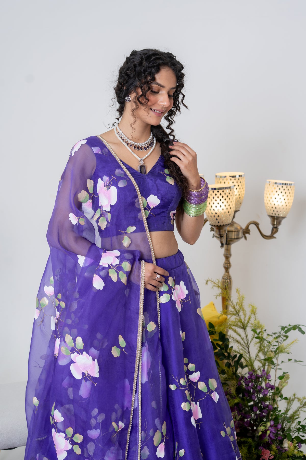 Hand-Painted and Hand embroidered Purple Silk Organza Spring Rose Lehenga