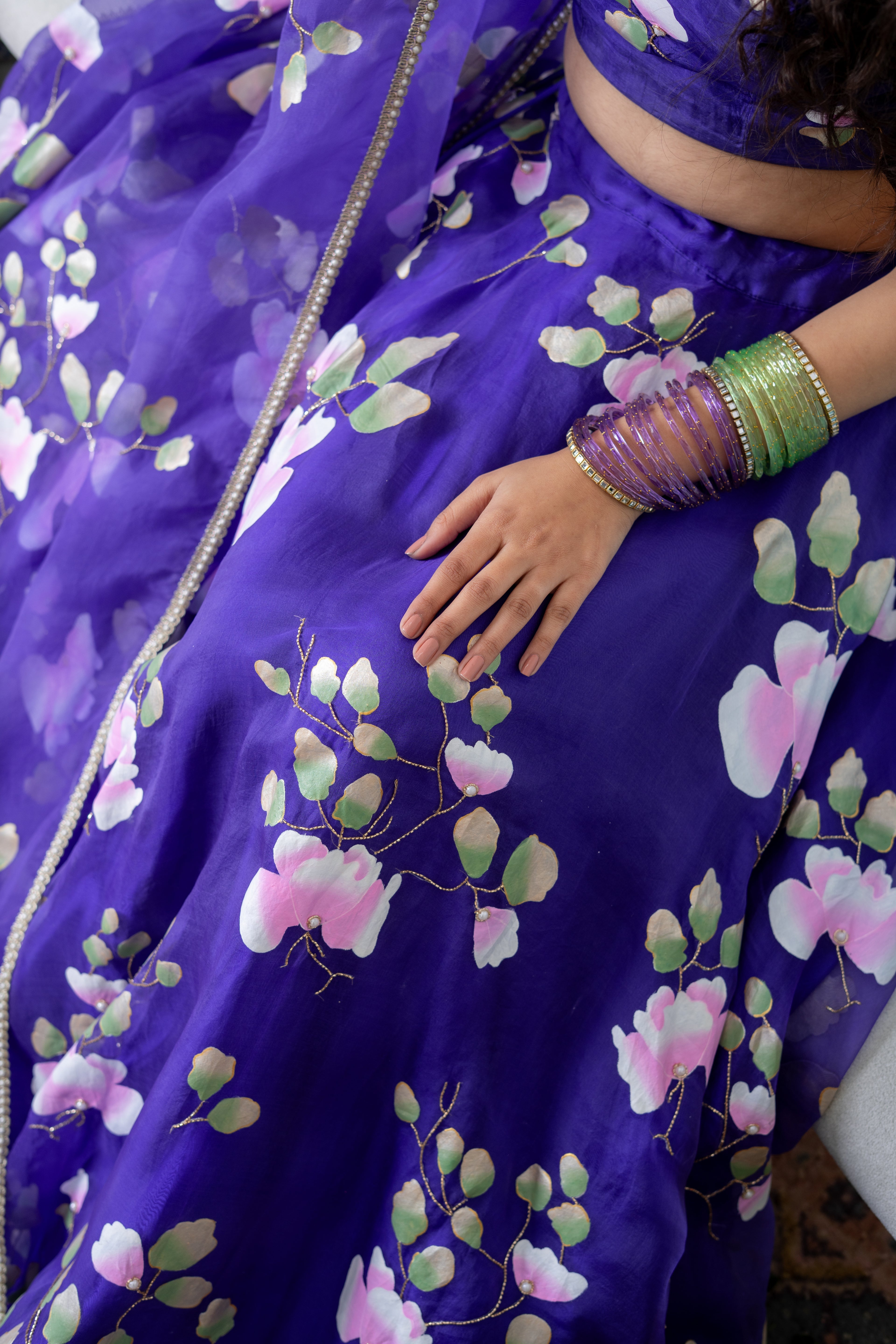 Hand-Painted and Hand embroidered Purple Silk Organza Spring Rose Lehenga
