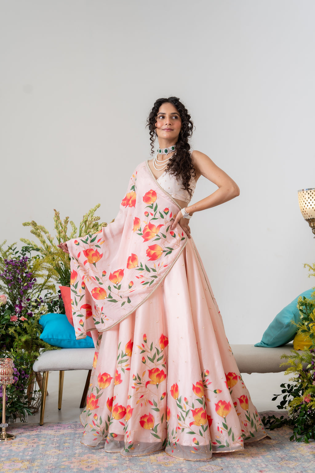 Hand-painted and Handembroiderd Powder Pink Silk Organza Magnolia Lehenga