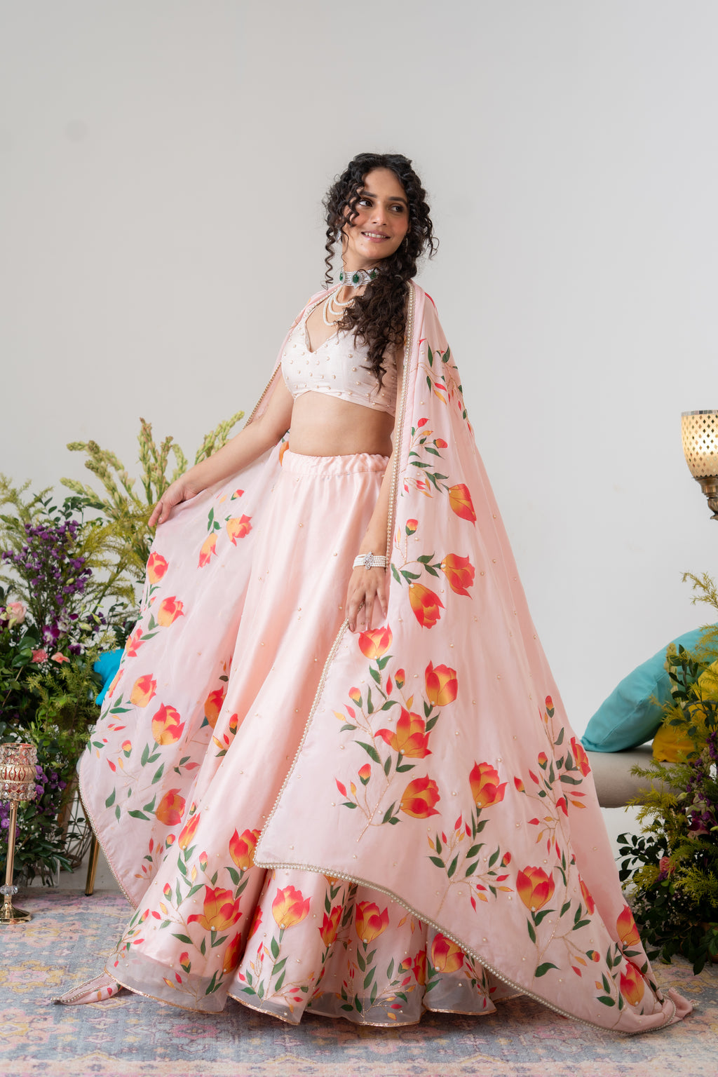 Hand-painted and Handembroiderd Powder Pink Silk Organza Magnolia Lehenga