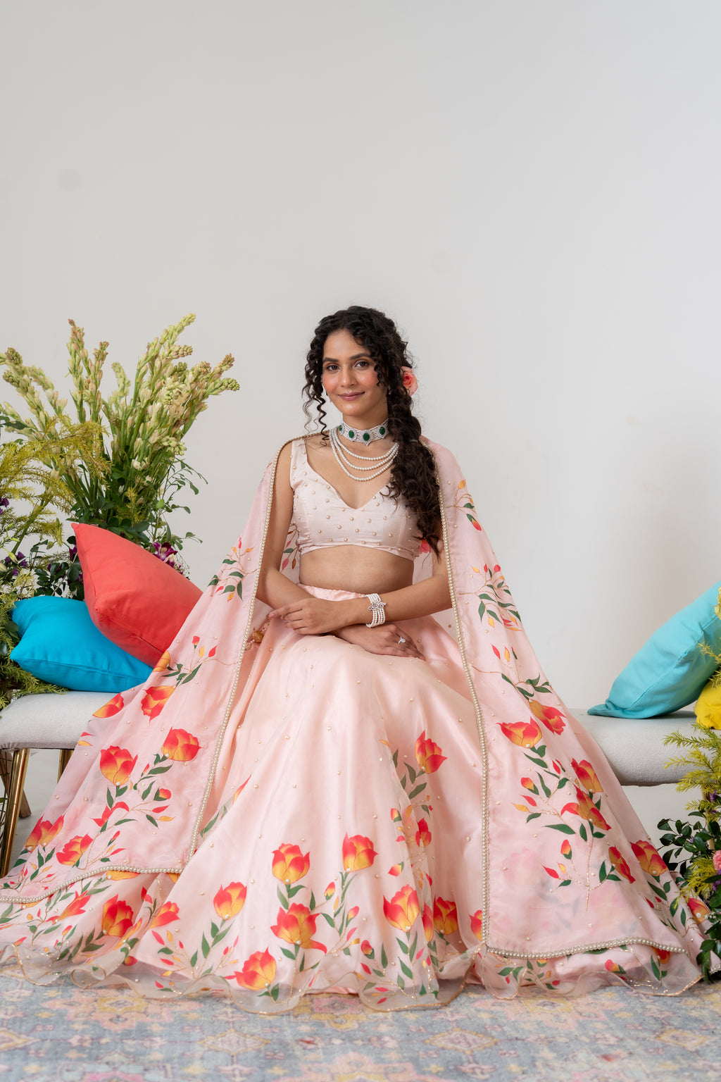 Hand-painted and Handembroiderd Powder Pink Silk Organza Magnolia Lehenga