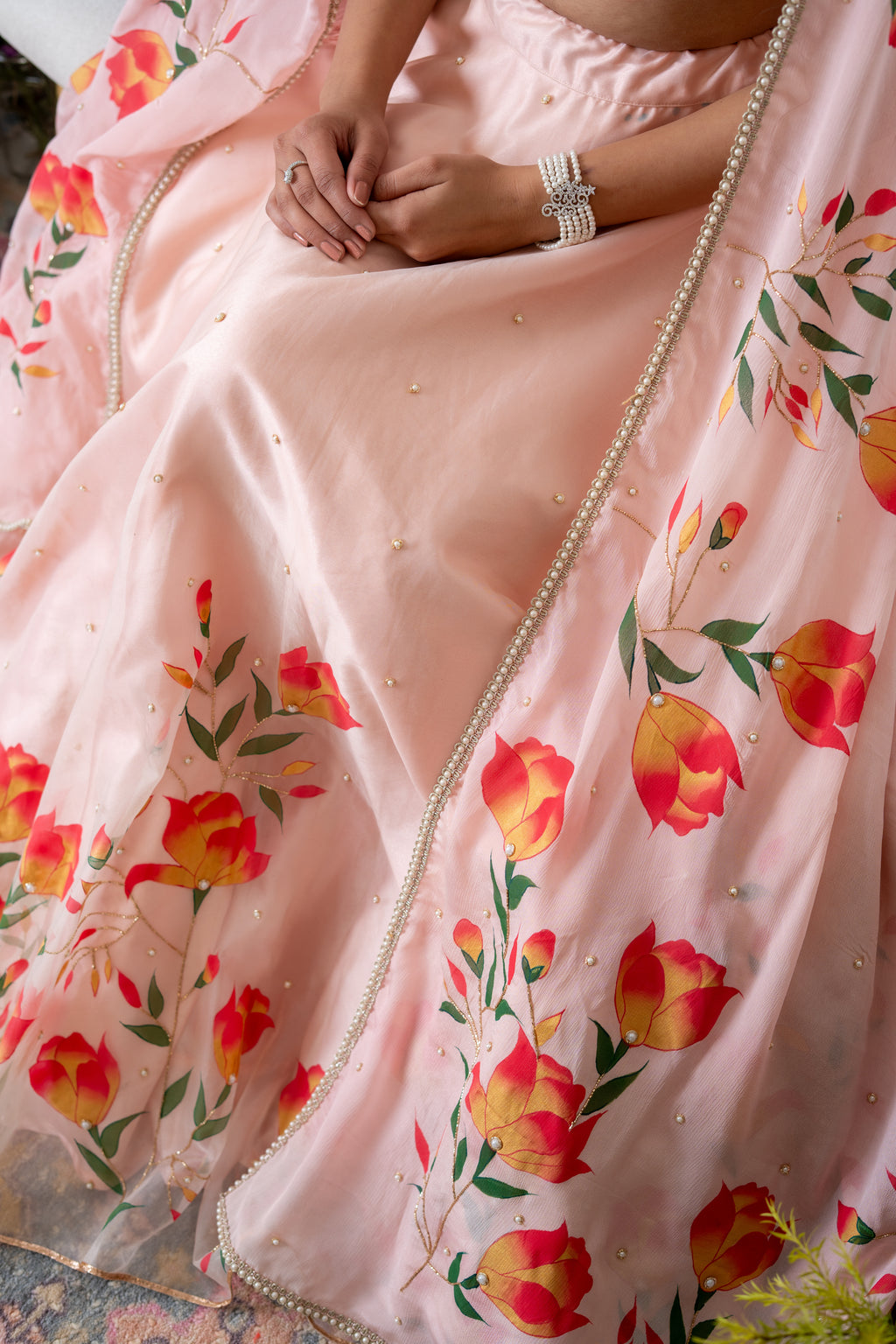 Hand-painted and Handembroiderd Powder Pink Silk Organza Magnolia Lehenga