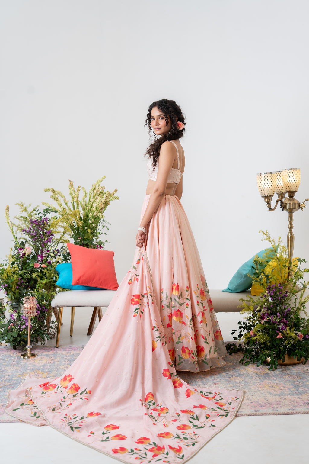 Hand-painted and Handembroiderd Powder Pink Silk Organza Magnolia Lehenga