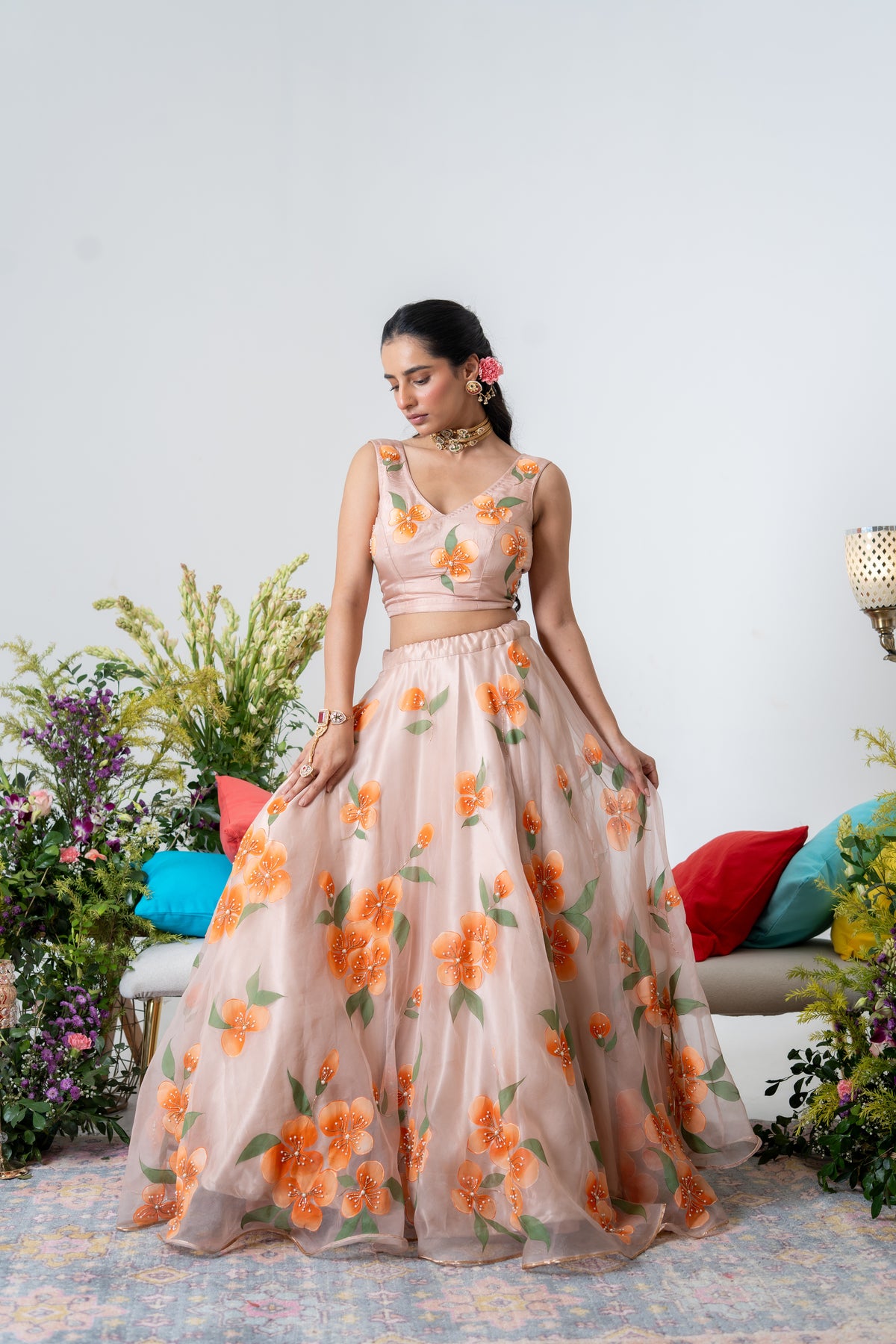 Handpainted and Handembroiderd peach Silk Organza Floral Lehenga