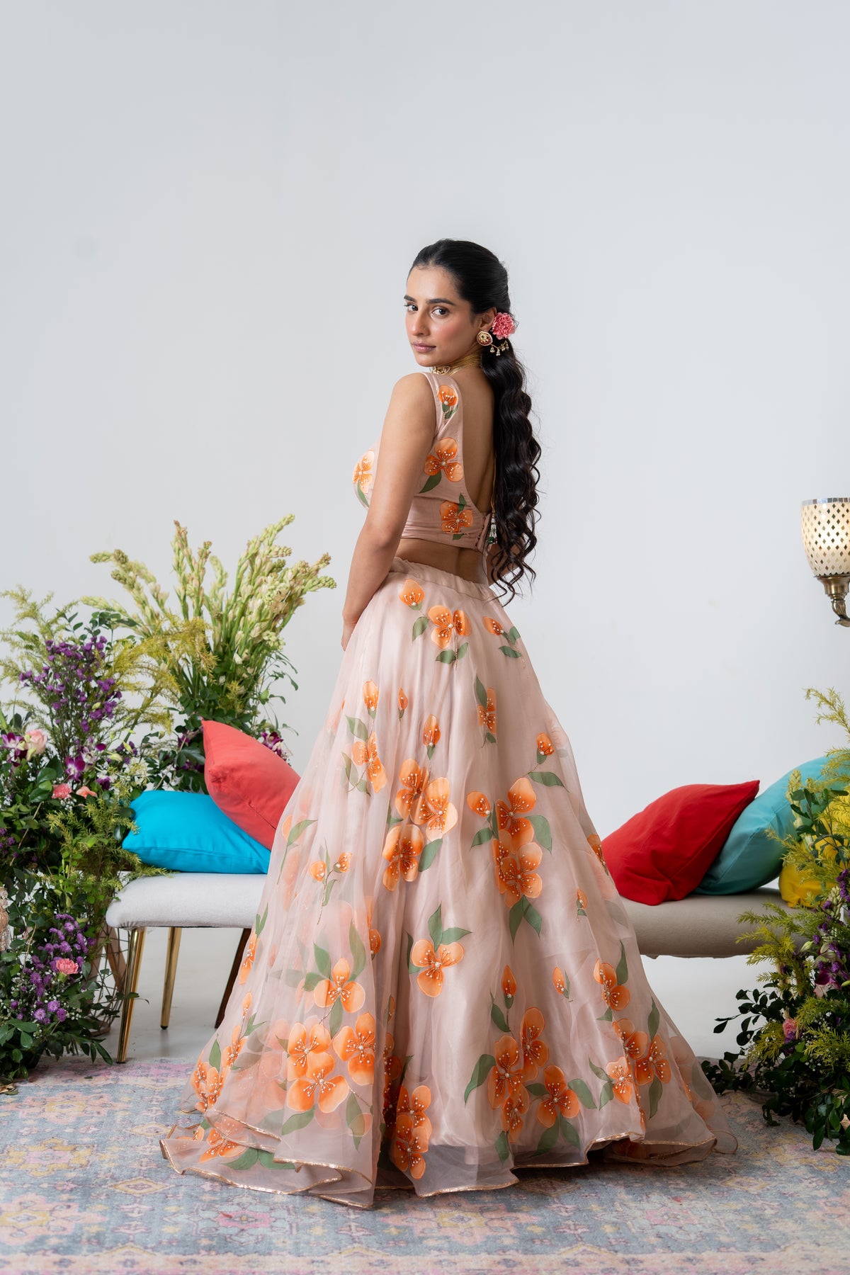 Handpainted and Handembroiderd peach Silk Organza Floral Lehenga