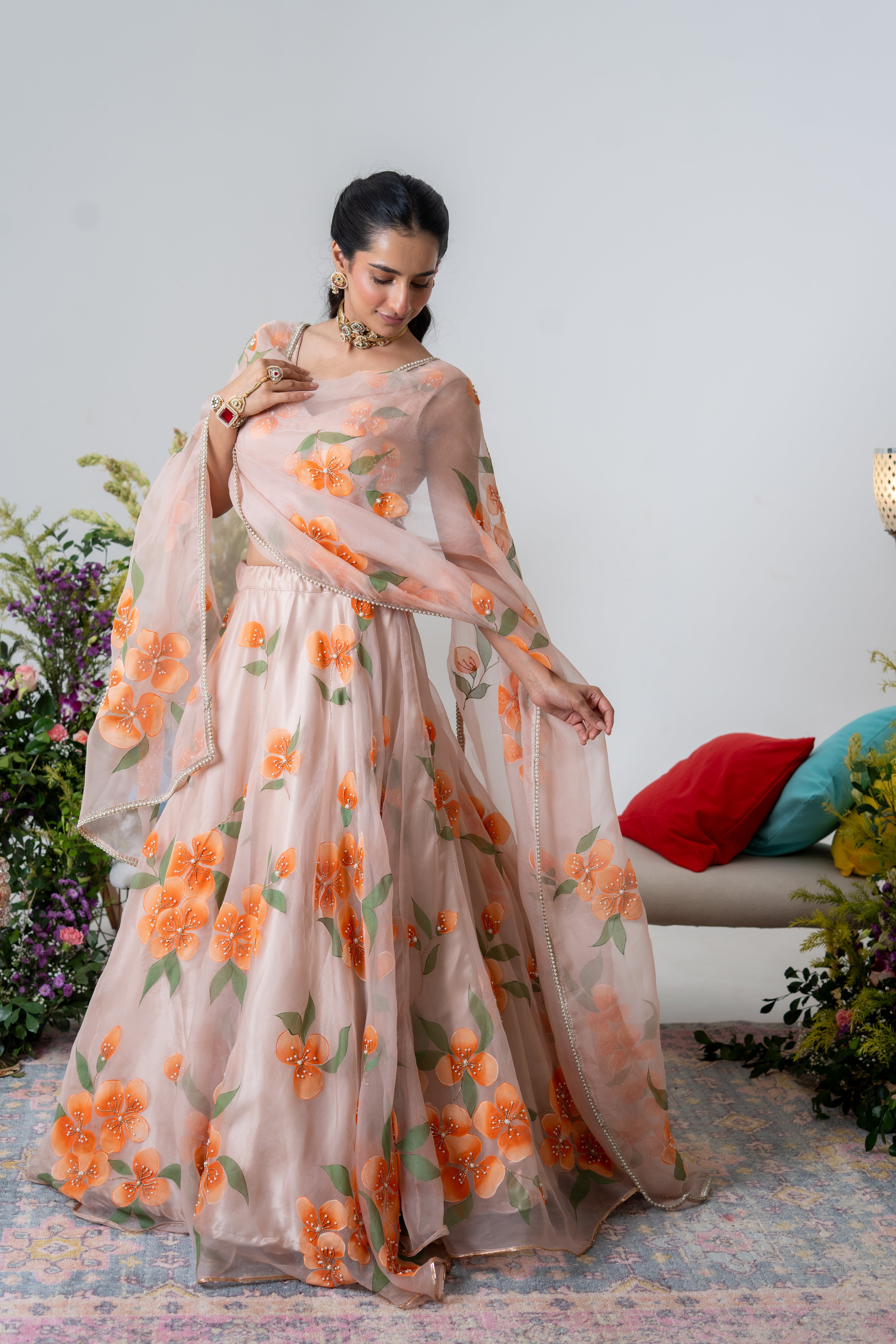 Handpainted and Handembroiderd peach Silk Organza Floral Lehenga