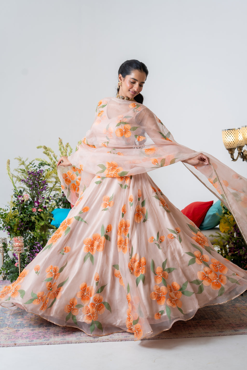 Handpainted and Handembroiderd peach Silk Organza Floral Lehenga