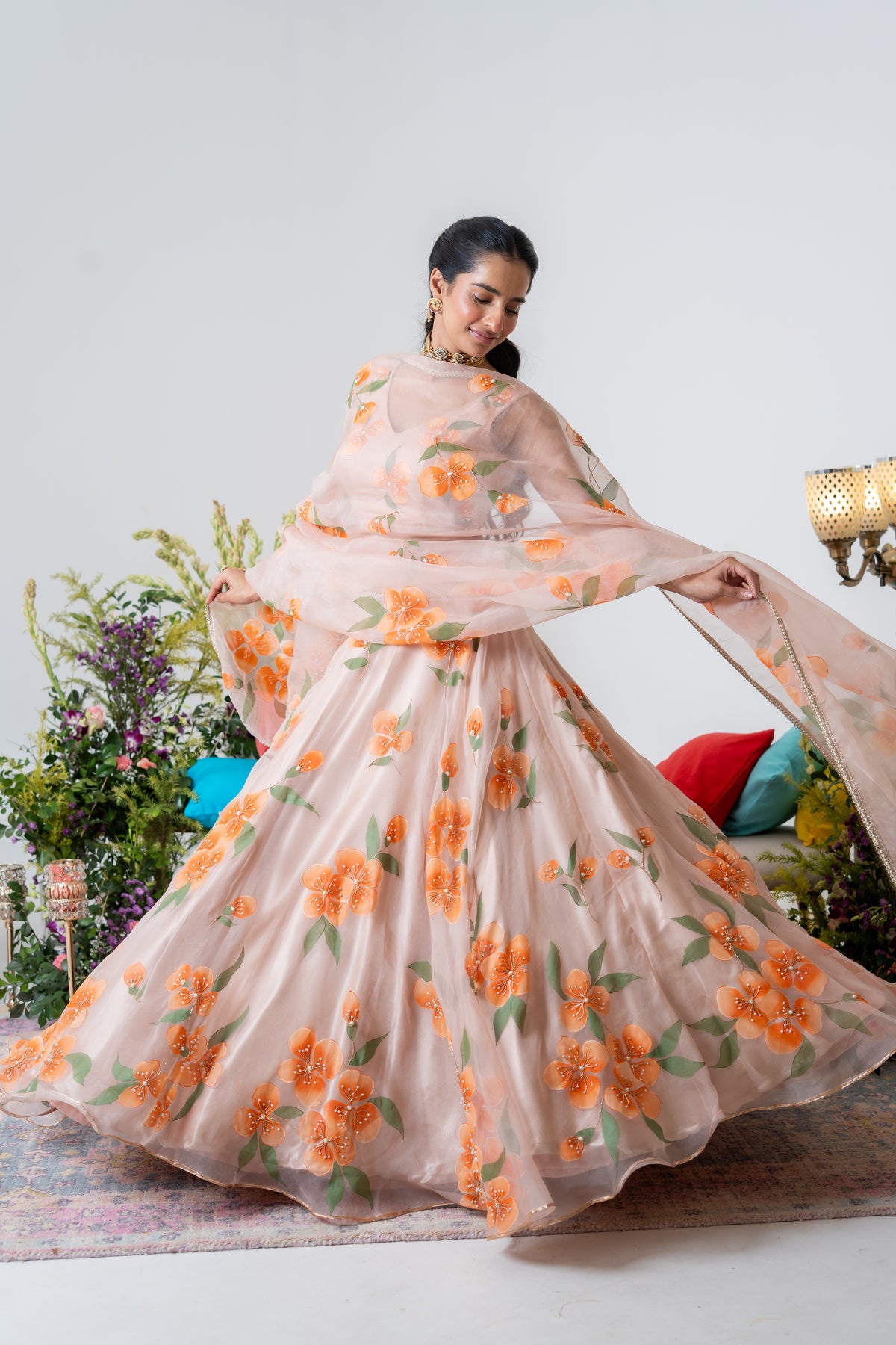 Handpainted and Handembroiderd peach Silk Organza Floral Lehenga