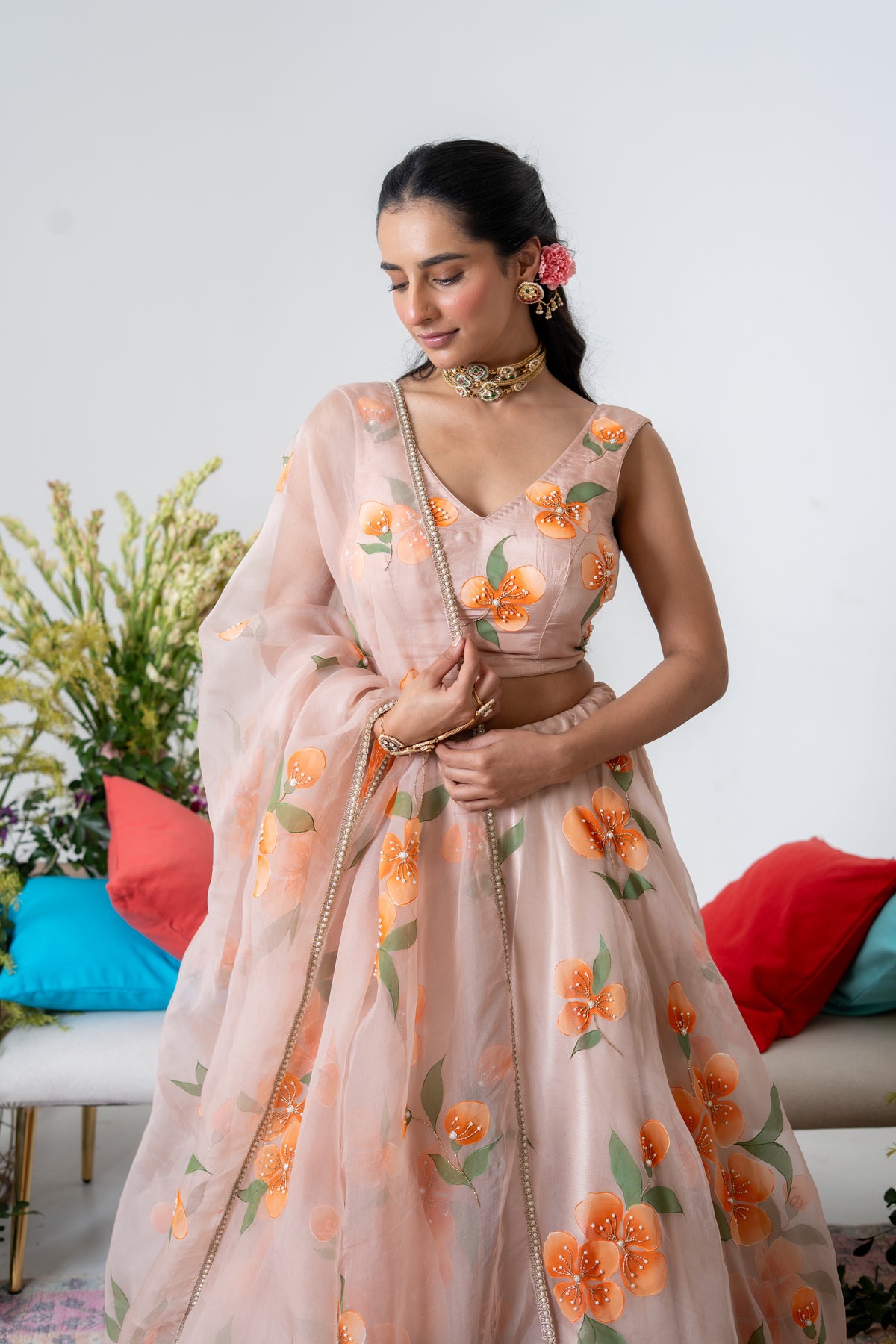 Handpainted and Handembroiderd peach Silk Organza Floral Lehenga