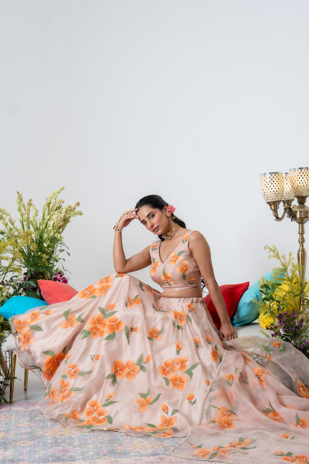 Handpainted and Handembroiderd peach Silk Organza Floral Lehenga