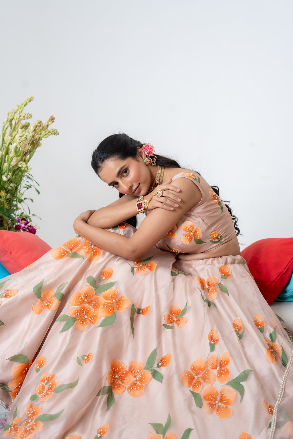 Handpainted and Handembroiderd peach Silk Organza Floral Lehenga