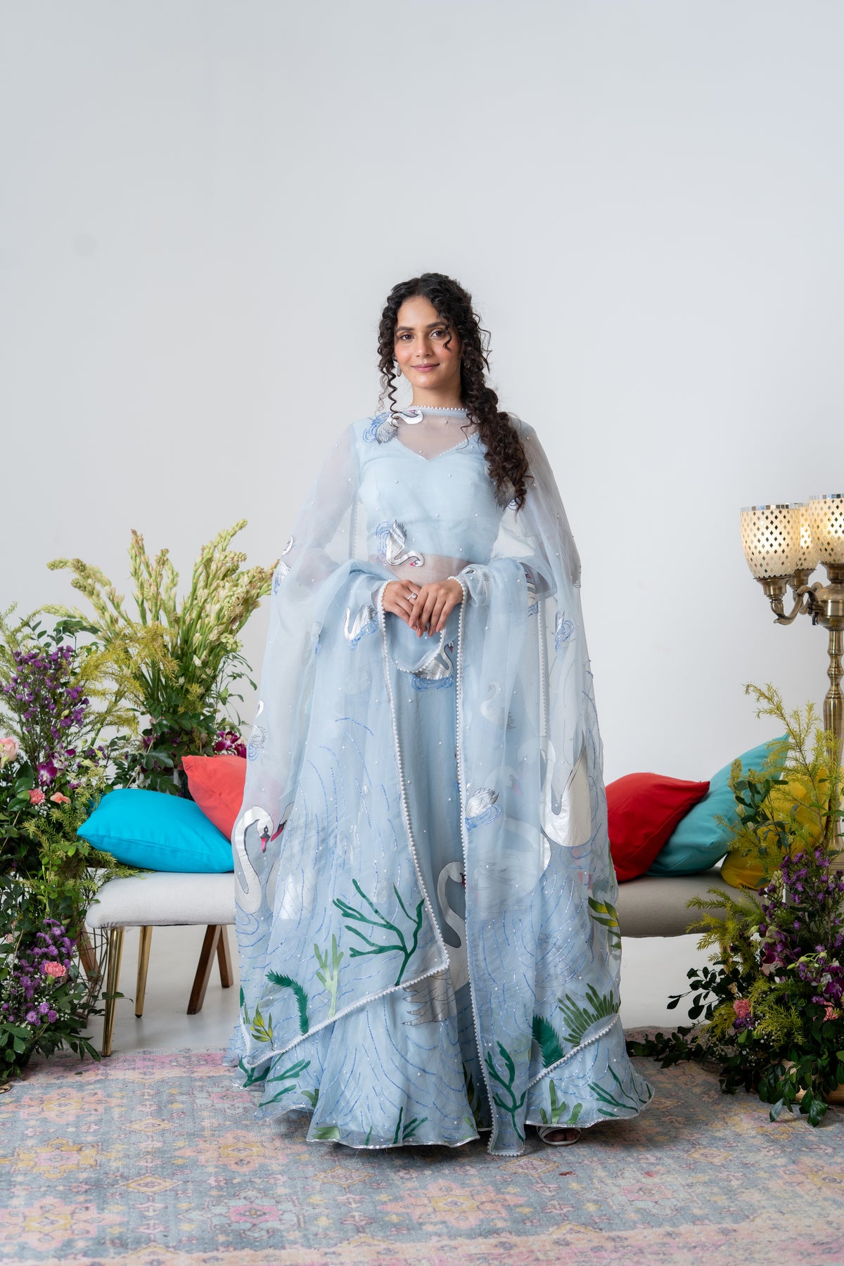 Hand-painted and Hand embroidered Pastel Blue Silk Organza Swan Lehenga