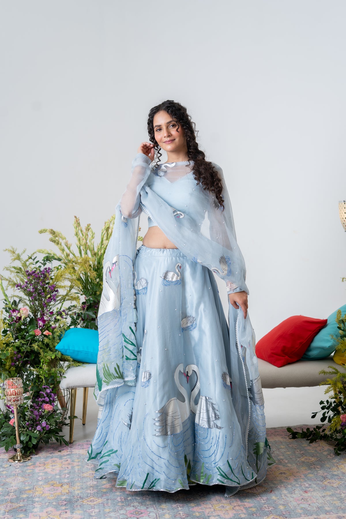 Hand-painted and Hand embroidered Pastel Blue Silk Organza Swan Lehenga