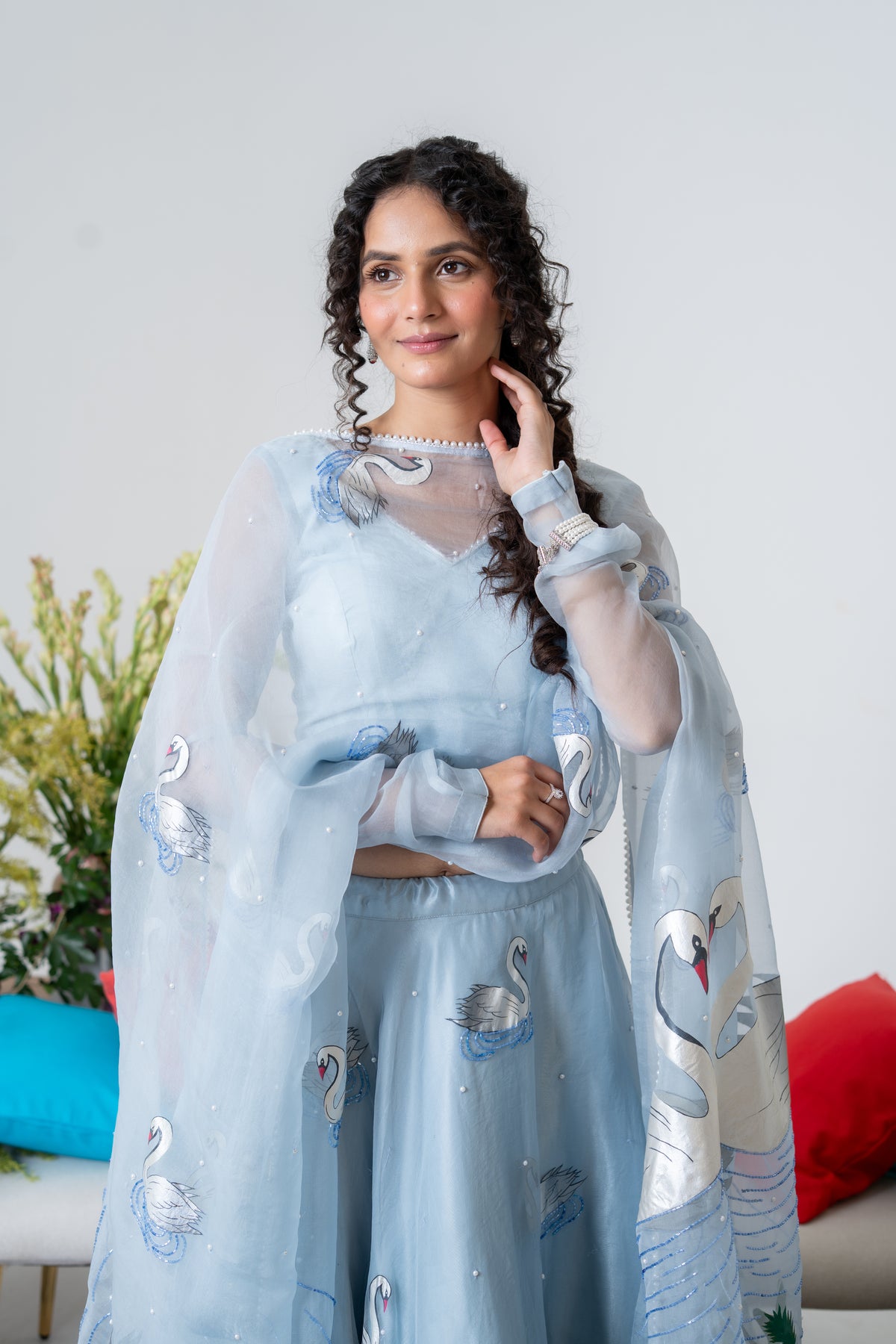 Hand-painted and Hand embroidered Pastel Blue Silk Organza Swan Lehenga