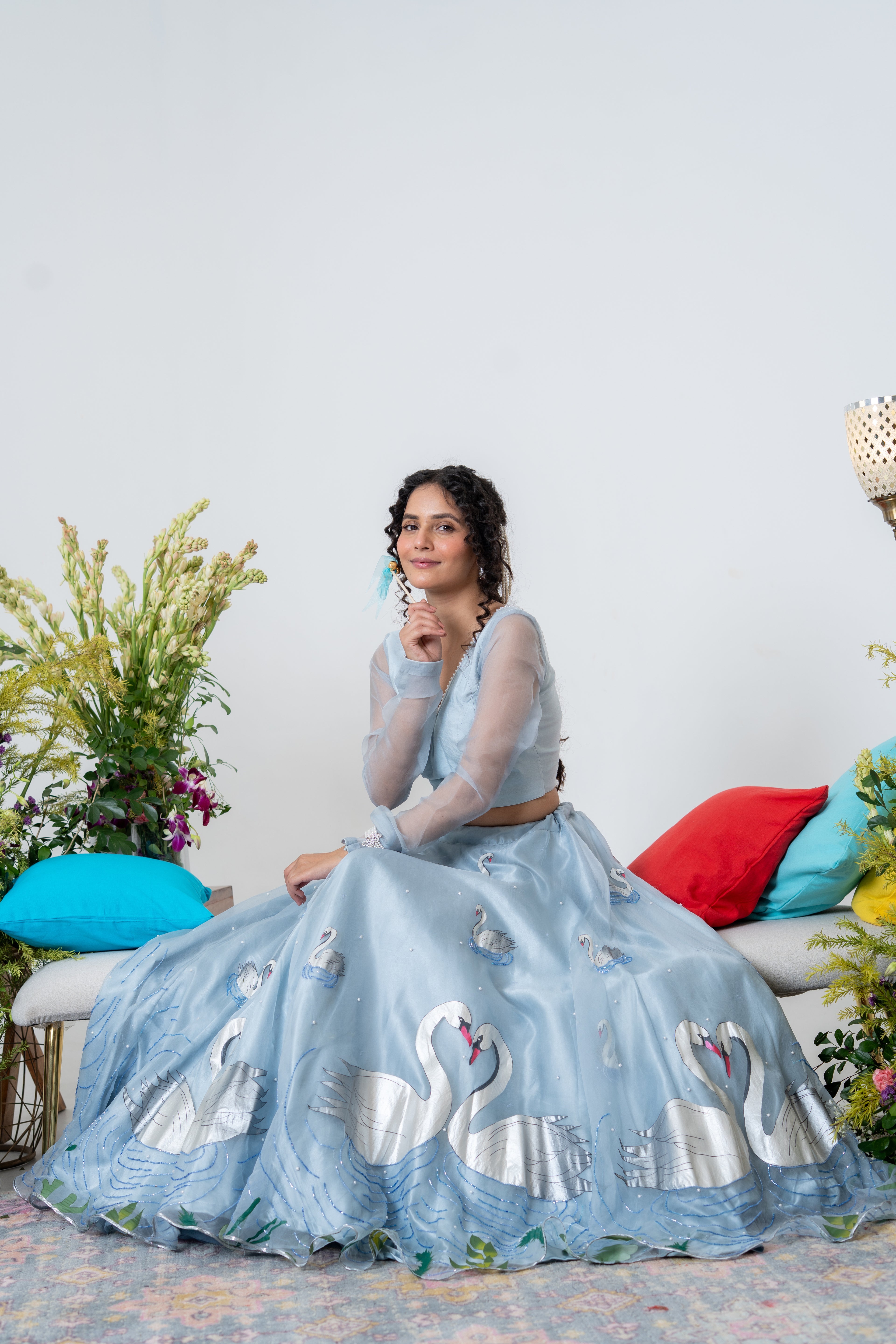 Hand-painted and Hand embroidered Pastel Blue Silk Organza Swan Lehenga