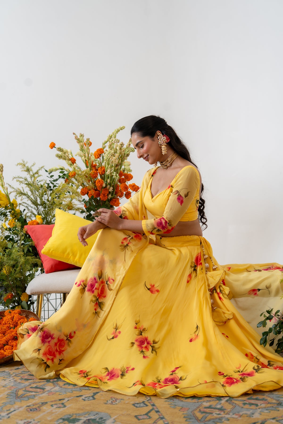 Handpainted and Handembroiderd Yellow  Organza Georgette Lehenga