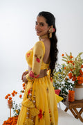 Handpainted and Handembroiderd Yellow  Organza Georgette Lehenga