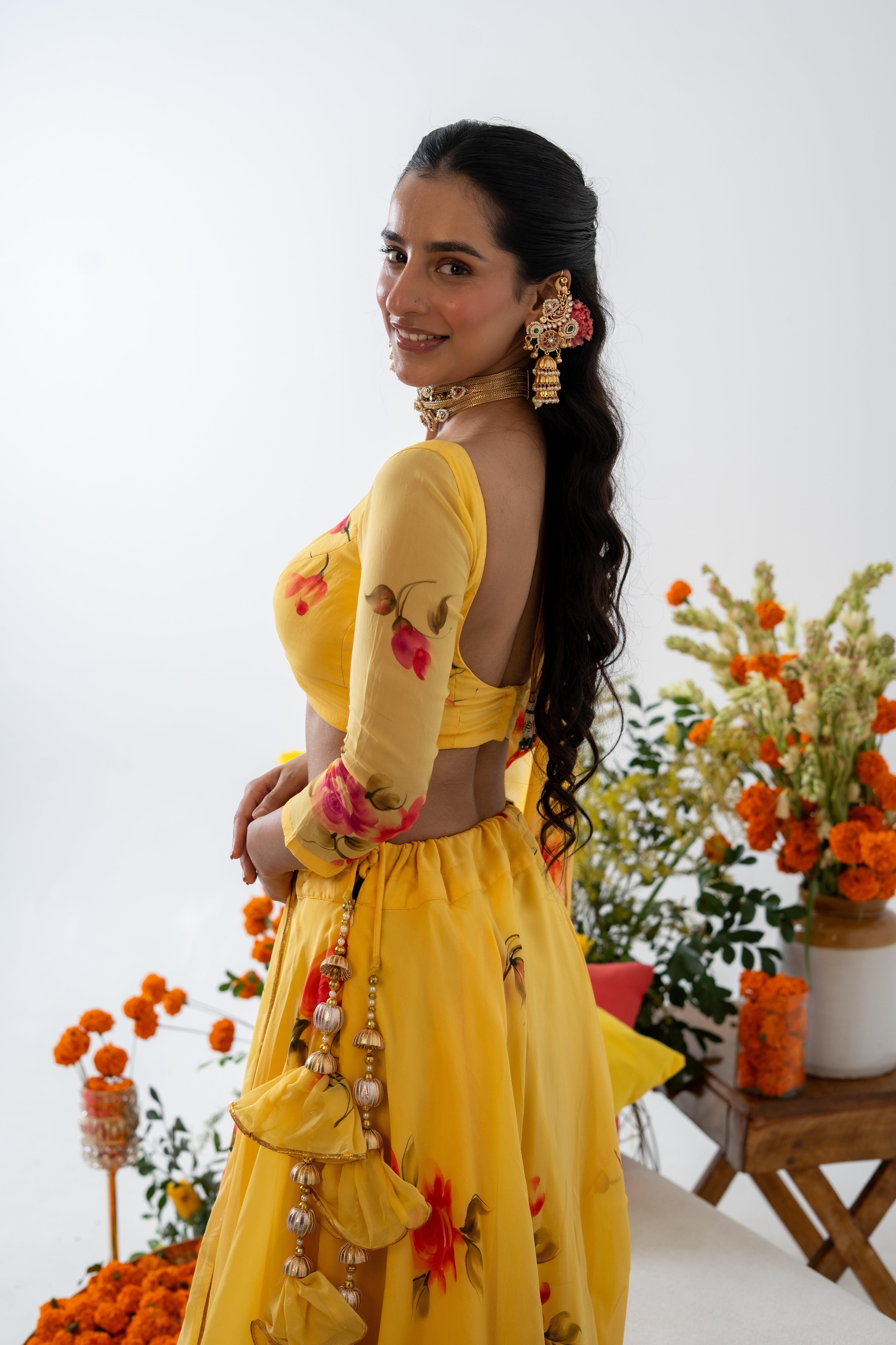 Handpainted and Handembroiderd Yellow  Organza Georgette Lehenga