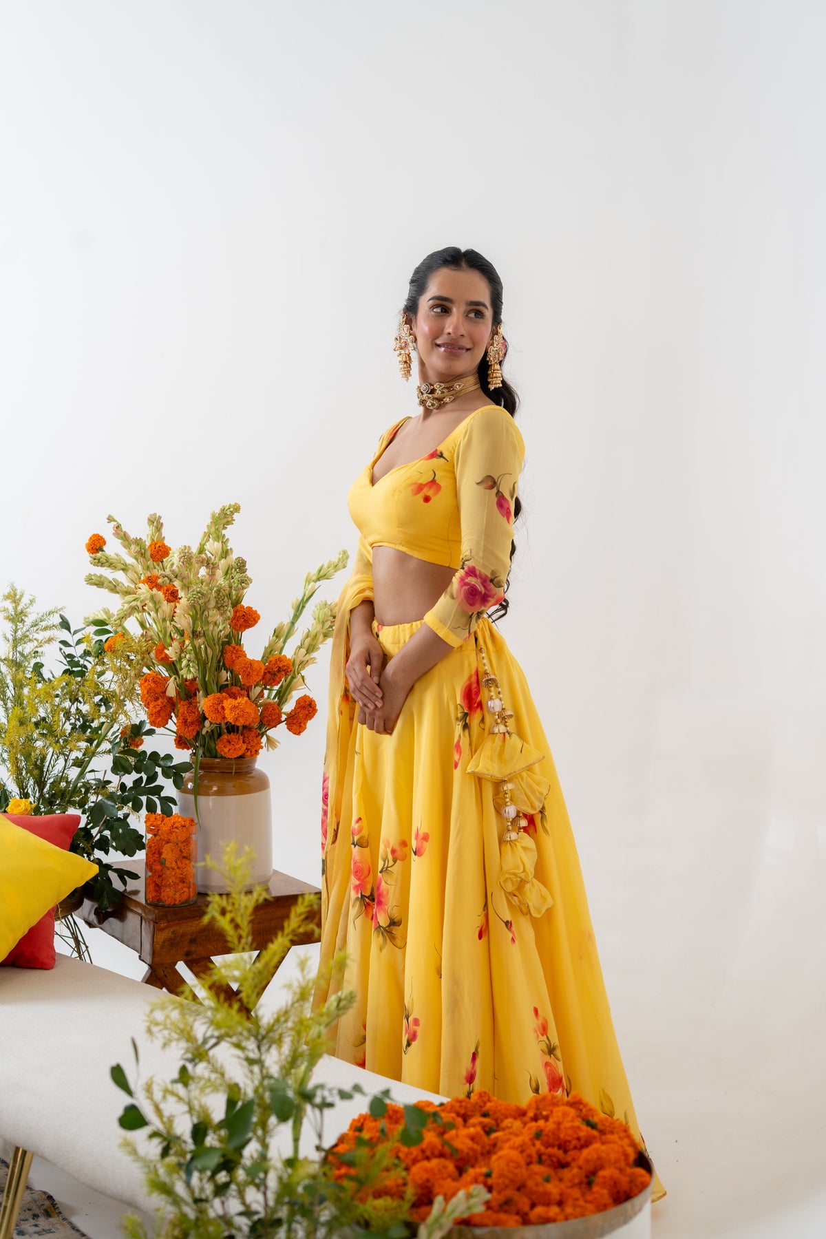Handpainted and Handembroiderd Yellow  Organza Georgette Lehenga