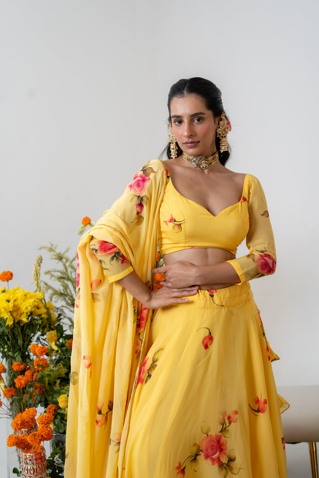 Handpainted and Handembroiderd Yellow  Organza Georgette Lehenga