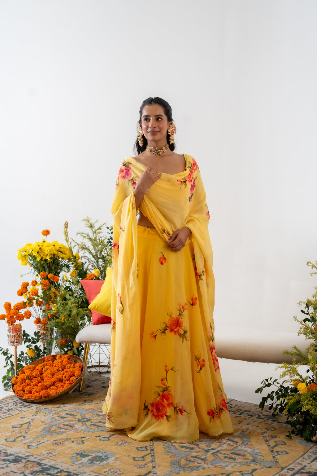 Handpainted and Handembroiderd Yellow  Organza Georgette Lehenga