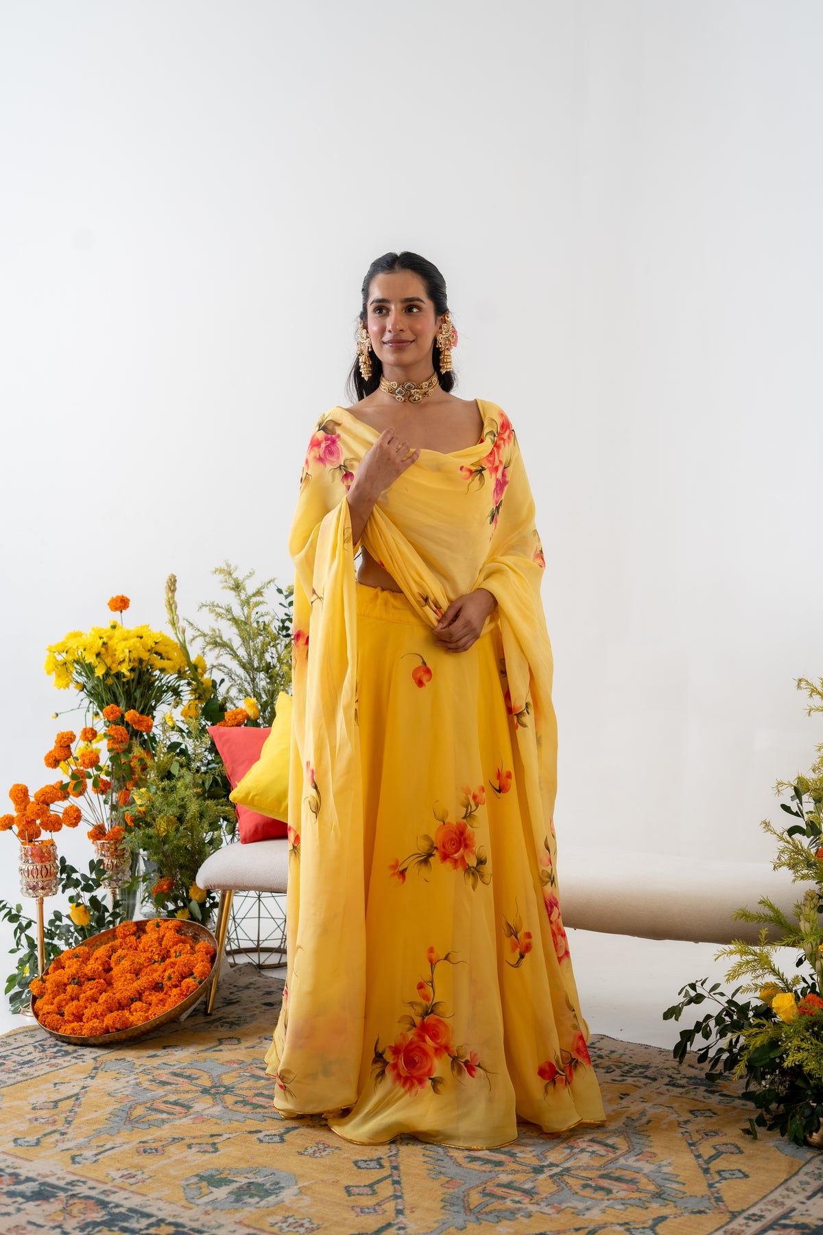 Handpainted and Handembroiderd Yellow  Organza Georgette Lehenga