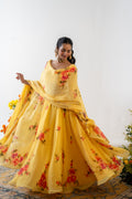 Handpainted and Handembroiderd Yellow  Organza Georgette Lehenga