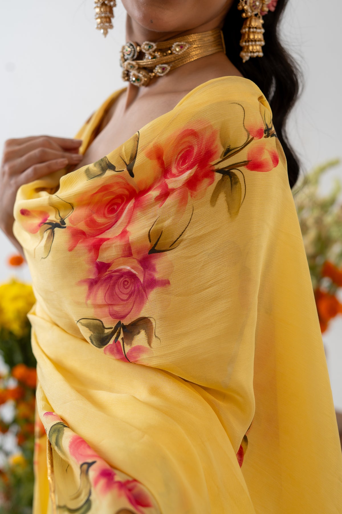 Handpainted and Handembroiderd Yellow  Organza Georgette Lehenga