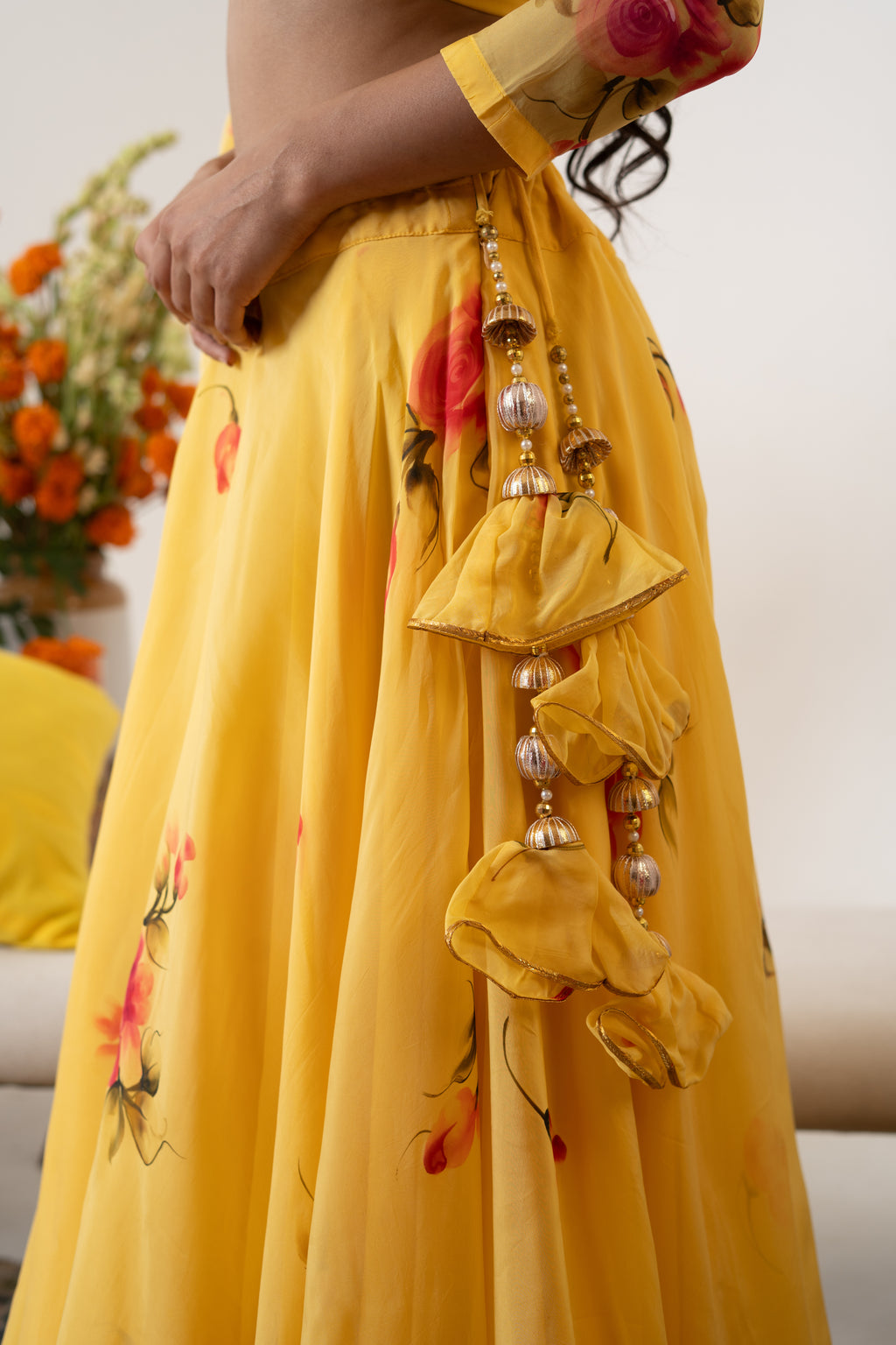 Handpainted and Handembroiderd Yellow  Organza Georgette Lehenga