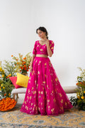 Hand-painted and Hand embroidered Rani Pink Golden Poppy Silk Organza  Lehenga