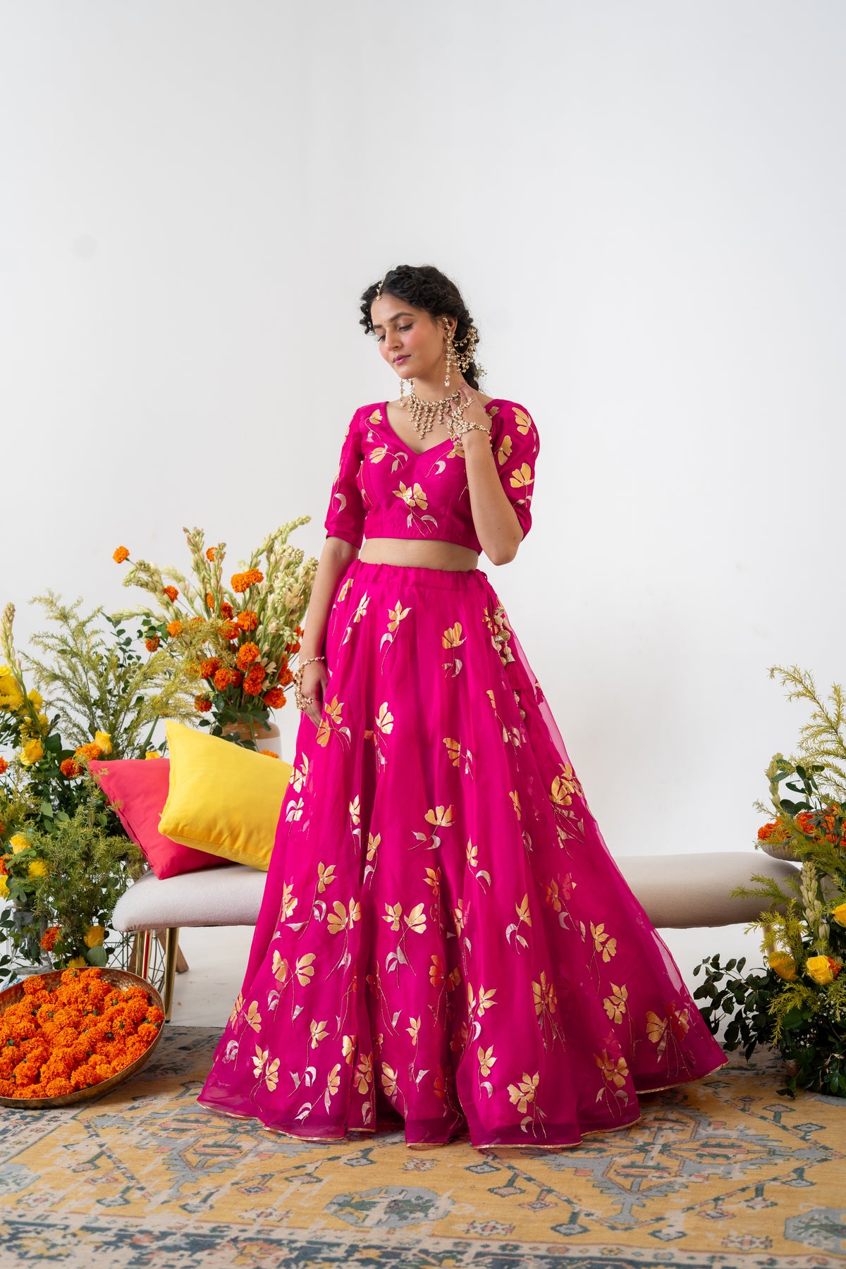 Hand-painted and Hand embroidered Rani Pink Golden Poppy Silk Organza  Lehenga