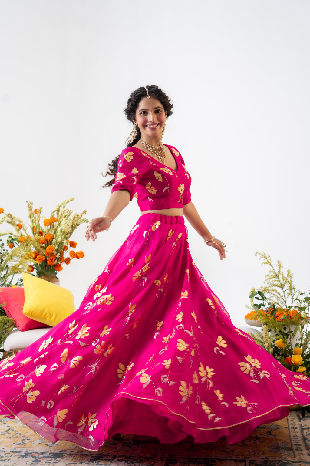 Hand-painted and Hand embroidered Rani Pink Golden Poppy Silk Organza  Lehenga