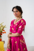 Hand-painted and Hand embroidered Rani Pink Golden Poppy Silk Organza  Lehenga