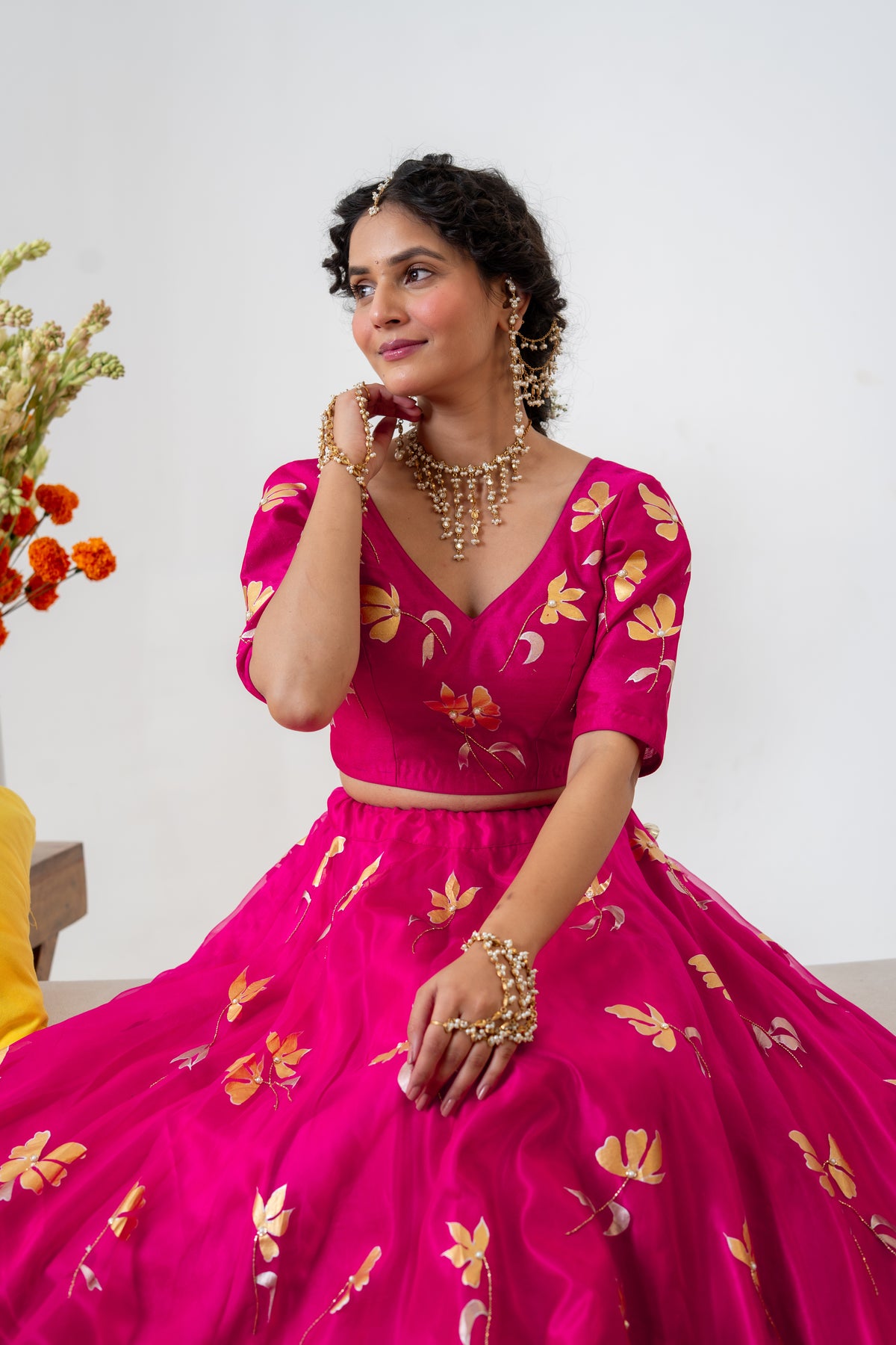 Hand-painted and Hand embroidered Rani Pink Golden Poppy Silk Organza  Lehenga