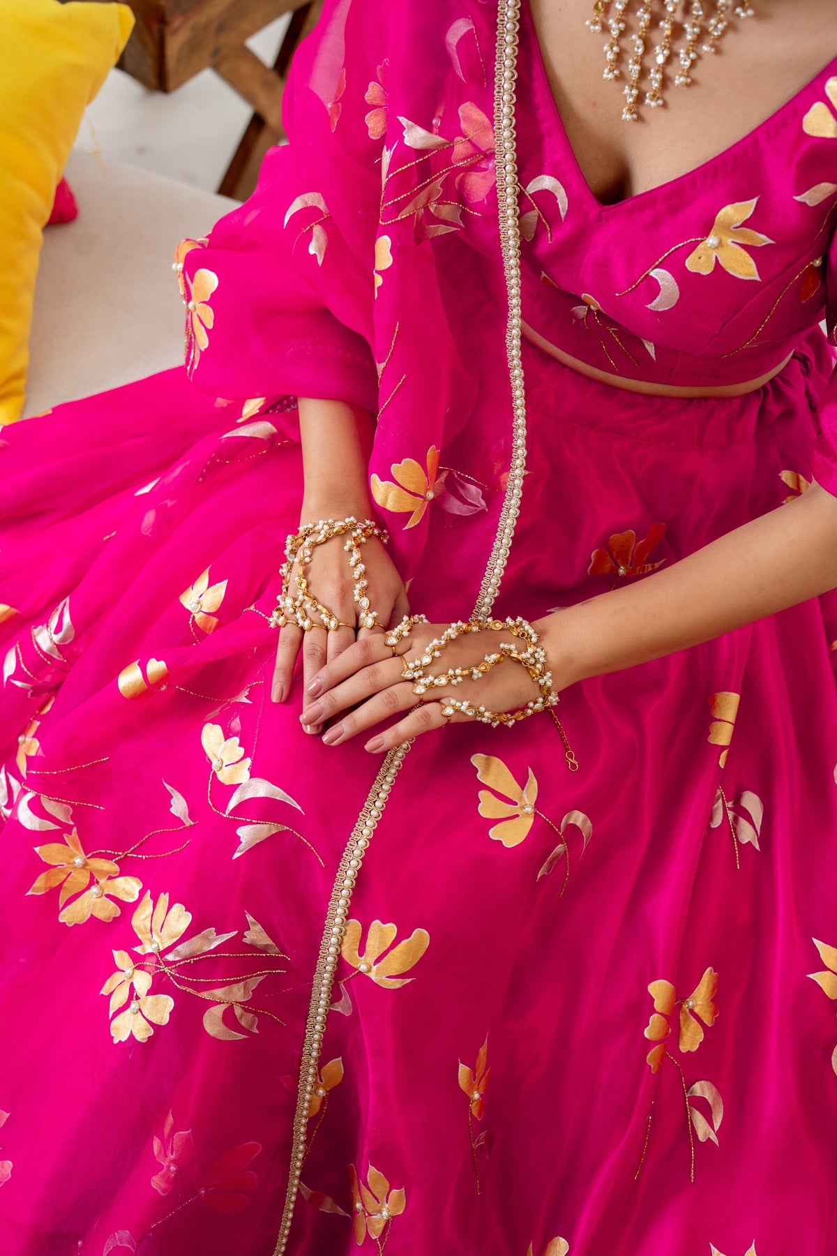 Hand-painted and Hand embroidered Rani Pink Golden Poppy Silk Organza  Lehenga
